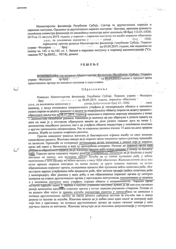 Drugostepeno rešenje - kontrola PDV (2019)